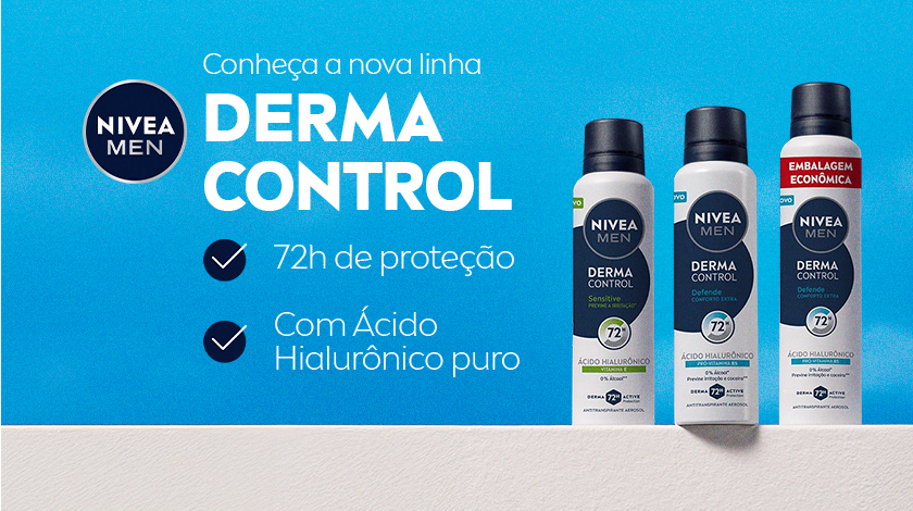 Imagem com fundo azul claro. Ao lado direito, três desodorantes diferentes aparecem lado a lado.