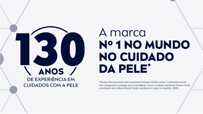 Imagem com fundo cinza claro e detalhes geométricos em cinza. À esquerda, o número “130” em fonte grande e azul escuro. Não há imagens de produtos, apenas o destaque institucional da marca.