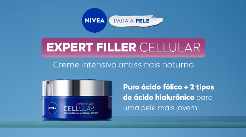 Embalagem do creme noturno NIVEA Expert Filler Cellular, com destaque para ácido fólico puro e ácido hialurônico.
