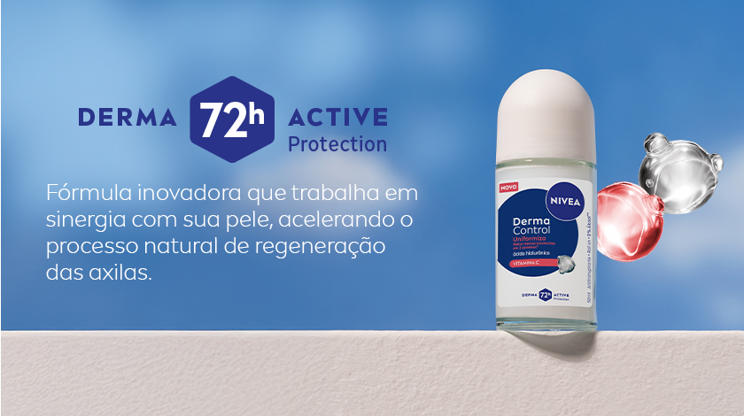 Fundo azul com nuvens suaves. Ao centro, desodorante roll-on NIVEA Derma Control Uniformiza em pé, ao lado de moléculas translúcidas. Acima, selo hexagonal com “Derma 72h Active Protection”.