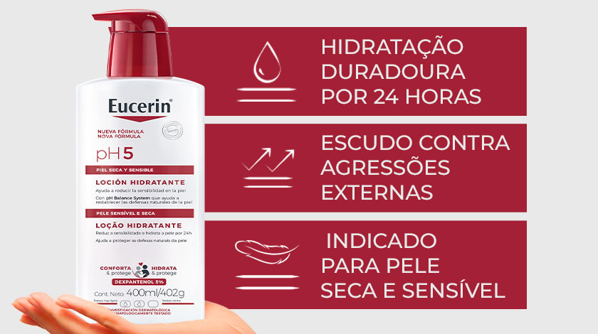 Mão segurando a loção, com três ícones acompanhados de benefícios, em retângulos vermelhos.