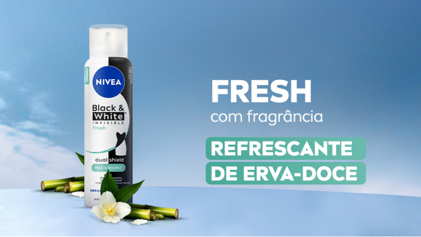 Imagem com fundo de céu azul. Ao lado esquerdo, a linha FRESH aparece em destaque, ao lado de ingredientes.