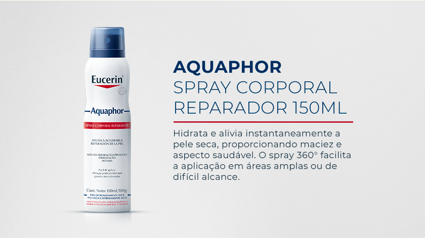 Imagem com fundo neutro. Ao lado esquerdo é destacada a embalagem em Spray de Aquaphor.