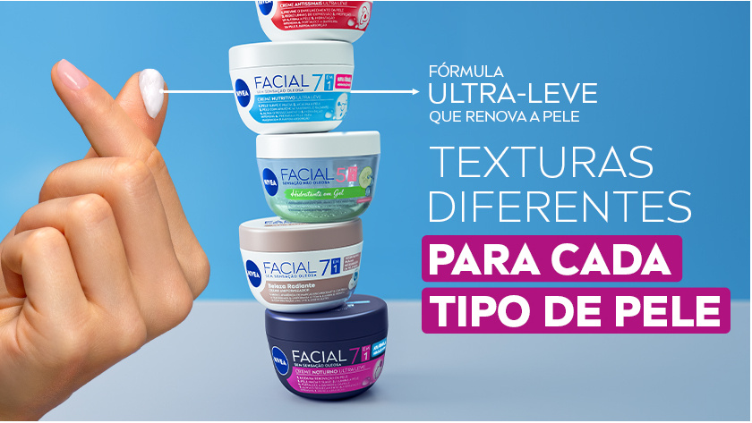 Uma mão faz o símbolo de coração, mostrando a textura do produto no dedo. Ao lado, uma torre com os 5 potinhos é destacada.