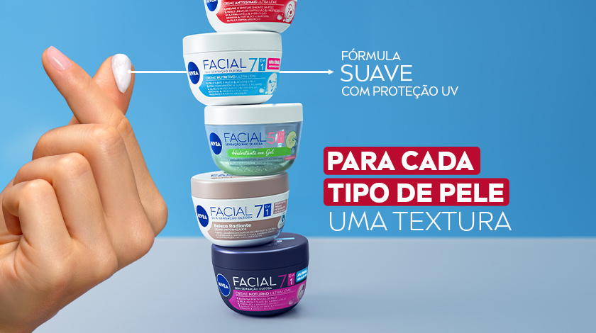 Uma mão faz o símbolo de coração, mostrando a textura do produto no dedo. Ao lado, uma torre com os 5 potinhos é destacada.