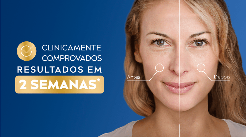 Fundo azul escuro. À direita aparece uma imagem dividida ao meio. Do lado direito, o rosto de uma mulher loira, de pele clara e olhos verdes, está com aparência mais firme e uniforme. Do lado esquerdo, o mesmo rosto mostra linhas finas mais visíveis e aparência levemente menos uniforme. Entre os dois lados há uma linha branca vertical que separa o 