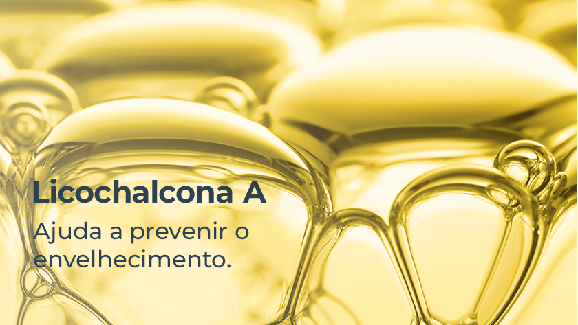 Representação da Licochalcona A, com fórmula líquida dourada.