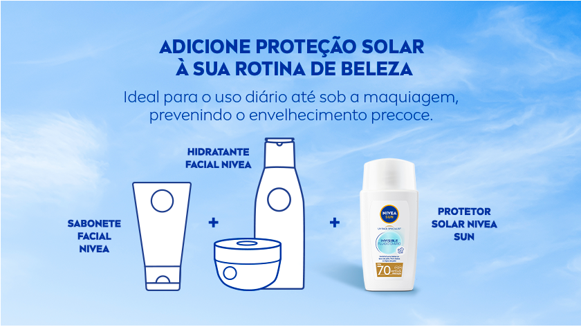 Fundo com céu azul e nuvens. ao centro, são exibidos ícones representando os produtos NIVEA para uma rotina de beleza.