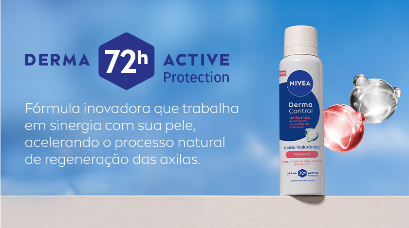 Fundo azul com nuvens suaves. Ao centro, desodorante aerossol NIVEA Derma Control Uniformiza em pé, ao lado de moléculas translúcidas. Acima, selo hexagonal com “Derma 72h Active Protection”.