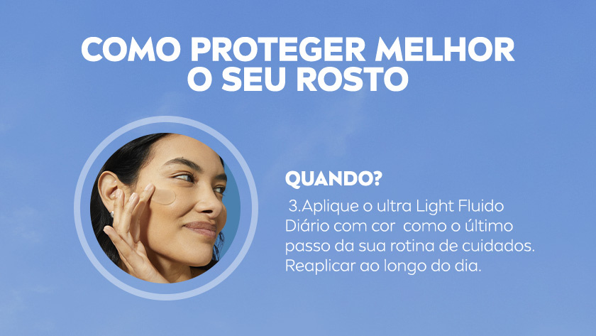 Imagem de fundo azul. Foto de mulher sorrindo e aplicando o produto no rosto, emoldurada em círculo. Ao lado, instruções de uso.