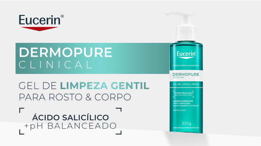 Banner publicitário de dermocosmético com fundo claro em tons de branco e cinza. No topo, aparece a embalagem do gel em cor verde. À esquerda, há blocos gráficos em verde destacando a linha do produto.