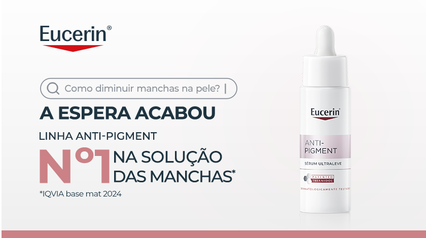 Imagem de produto Eucerin Anti-Pigment Sérum Ultraleve. À esquerda, há um layout gráfico com ícone de barra de pesquisa e elementos tipográficos em destaque.