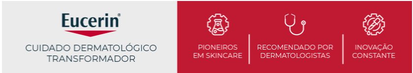 Ao lado esquerdo, logotipo da Eucerin em destaque. Ao lado direito, fundo vermelho com três ícones que representam os pilares da marca.