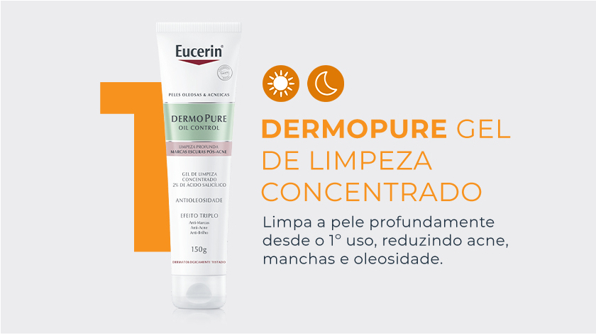 Banner apresenta a embalagem do produto Eucerin DermoPure Gel de Limpeza Concentrado em destaque, sobre fundo claro. Ícones de sol e lua indicam uso diurno e noturno.