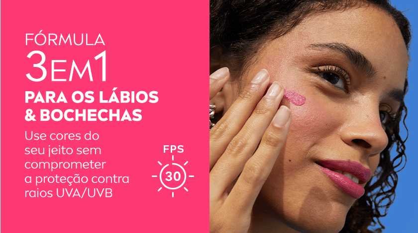 Banner com fundo rosa e imagem de mulher sorrindo enquanto aplica o Hidra Color na bochecha.