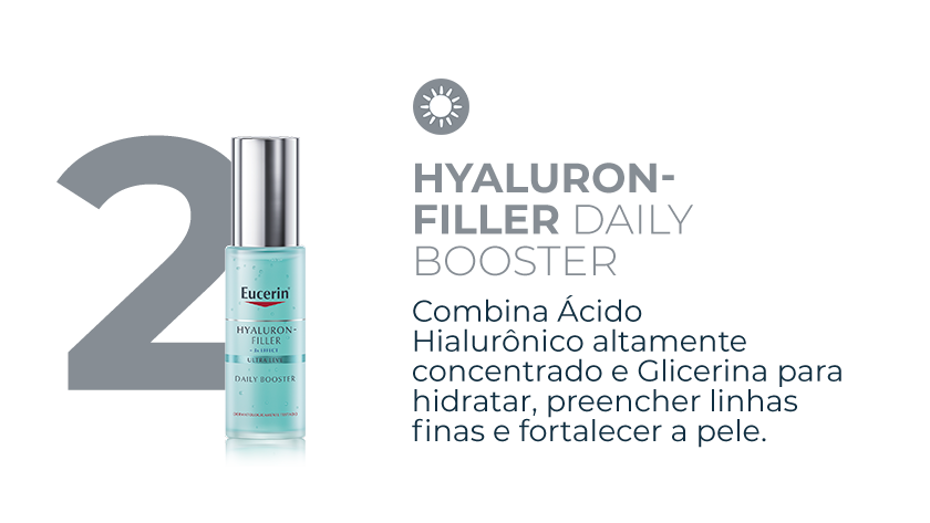 Imagem com fundo branco. No canto esquerdo, a embalagem de Daily Booster aparece ao lado do número 2. No canto direito, ícone cinza representa dia.
