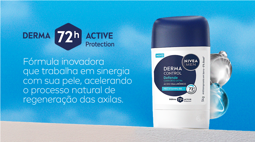 Imagem com fundo azul claro. Ao lado direito, aparece em destaque o desodorante em stick. Ao lado superior esquerdo, está inserido o selo de Derma Active.