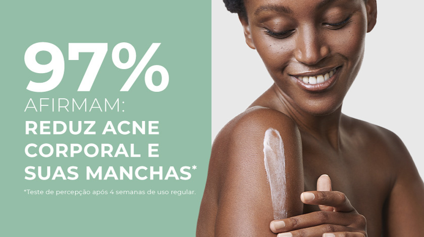 Um banner grande com uma modelo sorrindo de costas, aplicando o creme no ombro. À esquerda, um texto branco em destaque em um fundo verde.
