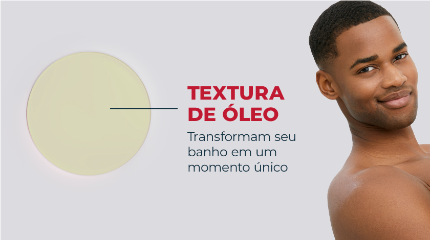 Gotas de óleo sobre fundo neutro. Duas linhas vermelhas conectam os ativos da fórmula. Ao canto direito, um homem sorri.