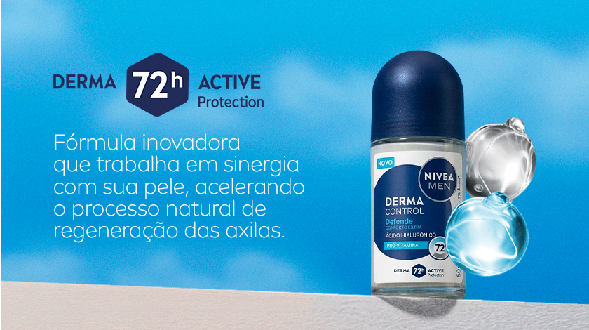 Imagem com fundo azul claro. Ao lado direito, aparece em destaque o desodorante em stick. Ao lado superior esquerdo, está inserido o selo de Derma Active.