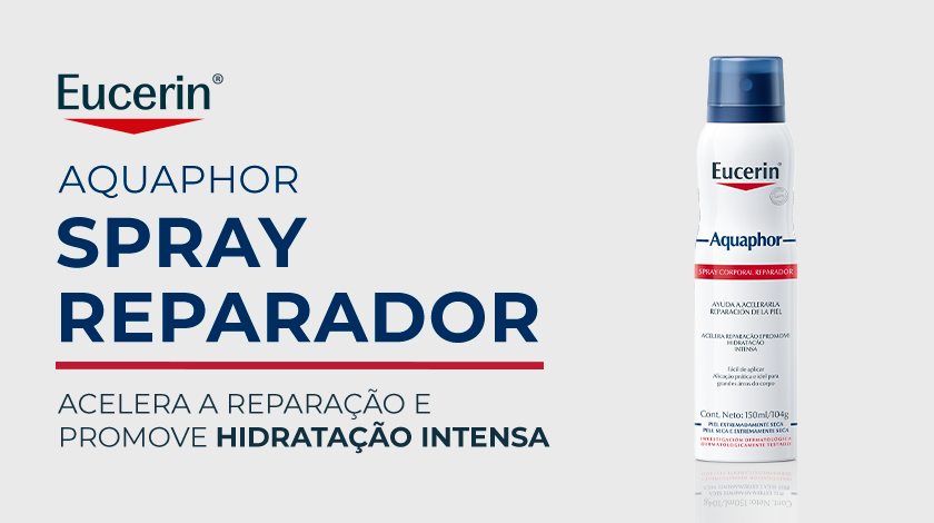 A imagem apresenta um Spray Aquaphor Corporal Reparador em um fundo neutro.