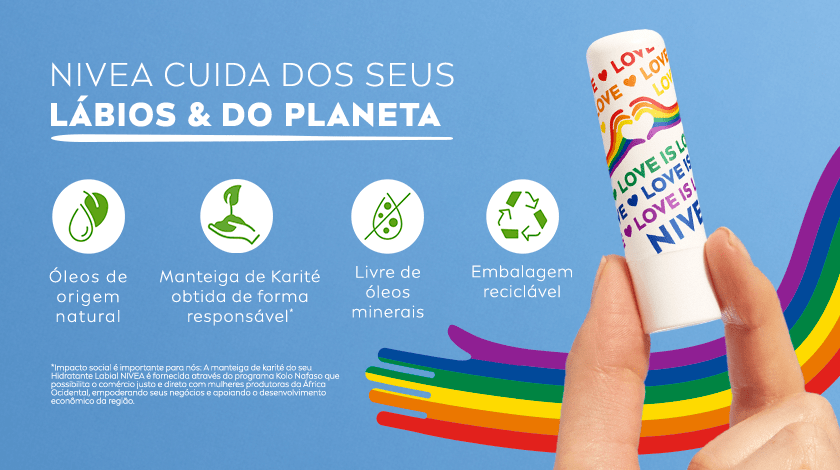 Mão segurando o Lip Balm NIVEA Original Care edição limitada, com ícones de sustentabilidade ao lado.