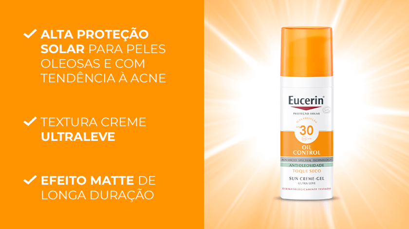 Frasco do protetor solar Eucerin sobre fundo laranja e branco. Ao lado, ícones destacam os benefícios do produto.