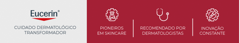 Logo da Eucerin sobre fundo vermelho, reforçando o conceito de cuidado dermatológico da marca.