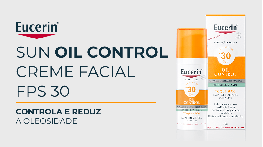 Imagem do produto Eucerin Sun Oil Control FPS 30 com fundo branco.  Uma faixa amarela destaca o nome do produto.
