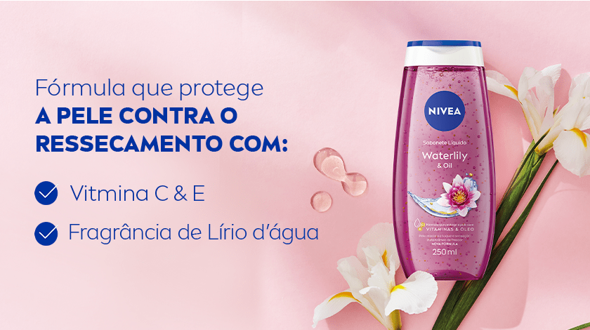 Fórmula que protege a pele contra o ressecamento com: vitamina C e E, fragrância de lírio d’água. Frasco do sabonete líquido NIVEA Waterlily & Oil em um fundo rosa, ao lado de flores e gotas.