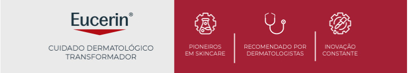 Logo da Eucerin sobre fundo vermelho, reforçando o conceito de cuidado dermatológico da marca.