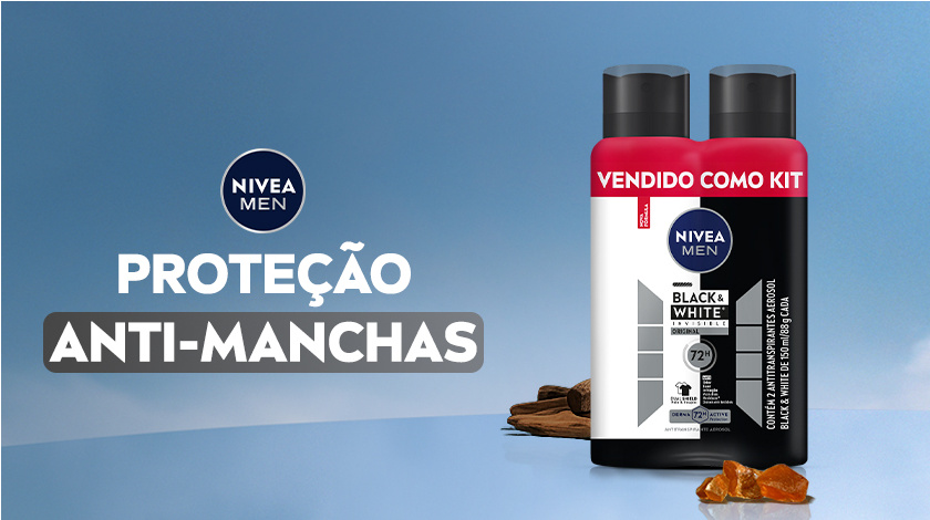 Imagem com fundo azul. Em destaque aparece a embalagem do kit Black & White Original, ao lado de ingredientes.