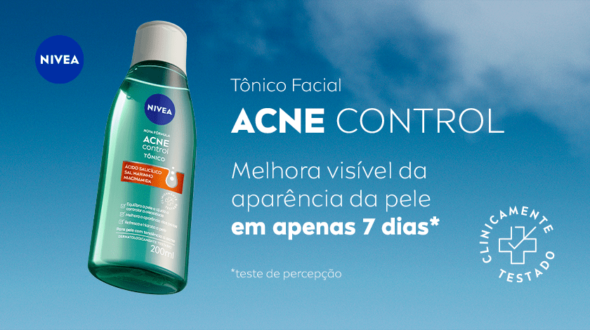Imagem do produto NIVEA Acne Control com fundo azul claro, selo de clinicamente testado ao lado.