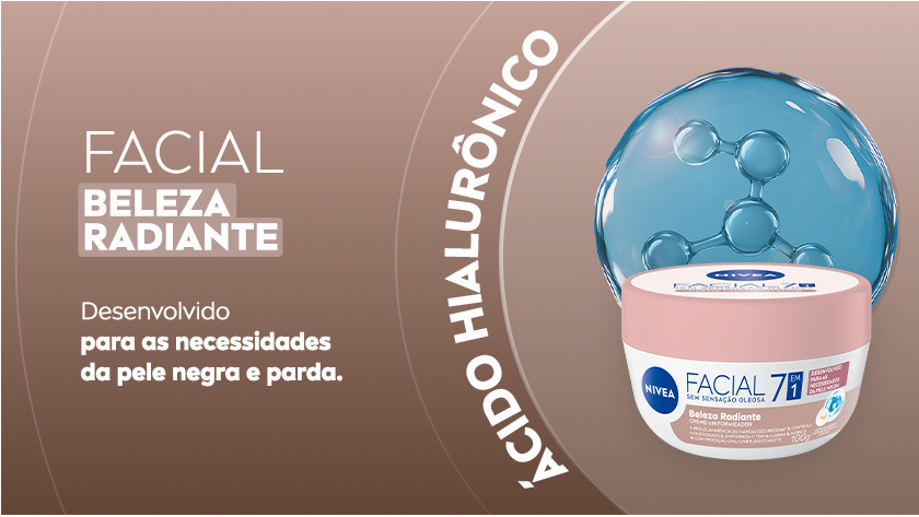 Fundo rosado representando o produto. Ao lado direito, a embalagem aparece em destaque com representações da fórmula.