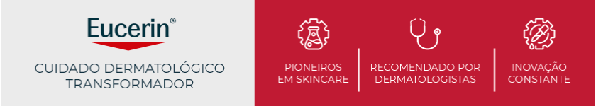 Logo da Eucerin sobre fundo vermelho, reforçando o conceito de cuidado dermatológico da marca.