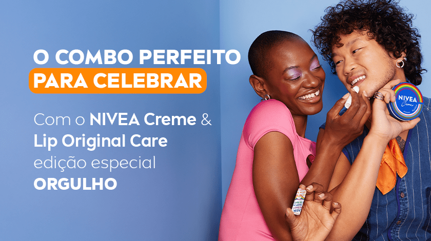 Duas pessoas sorridentes (uma mulher negra e um homem asiático) segurando o Lip Balm NIVEA Original Care e o NIVEA Creme, representando diversidade e celebração.