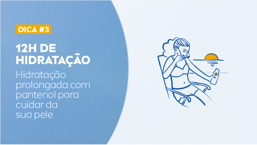 Ilustração em azul de uma pessoa curtindo a praia.