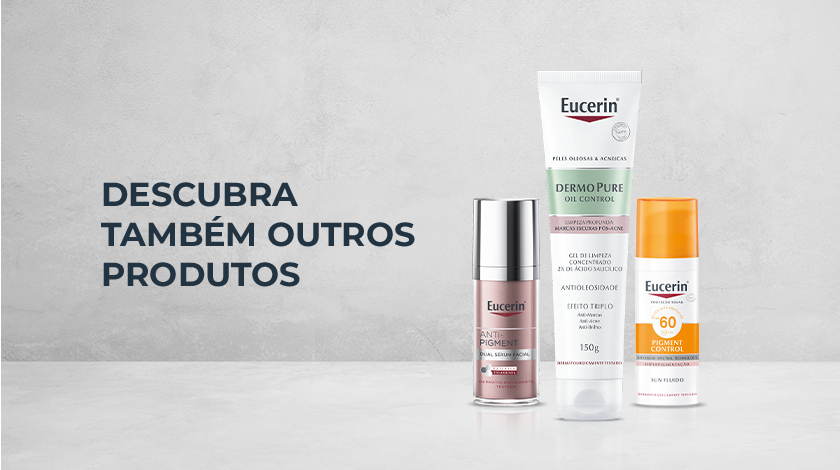 Sugestão de outros produtos da marca para utilizar em conjunto com Eucerin Sun Pigment Control, com diferentes embalagens expostas sobre um fundo neutro. Os produtos são: Anti-Pigment Dual Sérum Facial e Dermo Pure Oil Control.