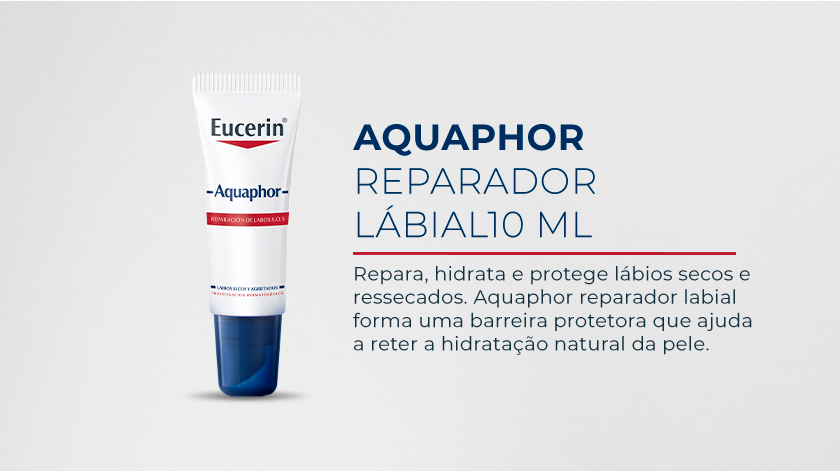Imagem com fundo neutro. Ao lado esquerdo é destacada a embalagem de Aquaphor Labial.