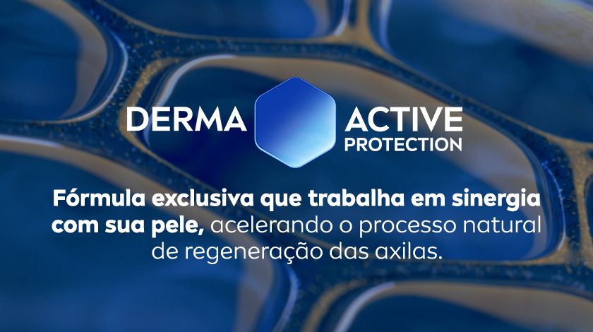 Fundo azul escuro com textura abstrata e efeito líquido em tons de azul e dourado. Ao centro, logo hexagonal “Derma Active Protection” em azul com texto branco abaixo. Mensagem em branco sobre fórmula exclusiva que acelera a regeneração natural das axilas.