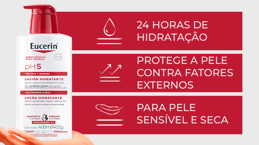 Mão segurando a loção, com três ícones acompanhados de benefícios, em retângulos vermelhos.