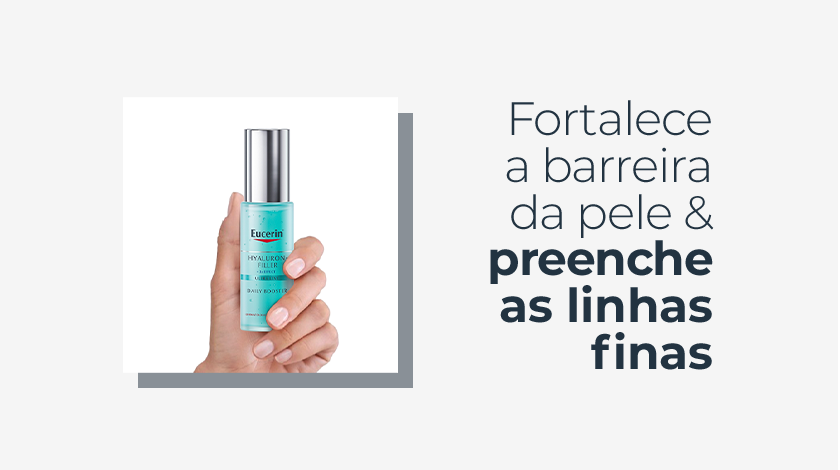 Imagem com fundo branco. Ao lado esquerdo, uma linha cinza destaque a foto de uma mão segurando a embalagem azul de Daily Booster.