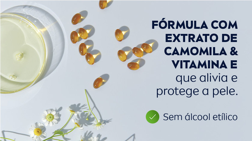Ilustração de flores de camomila, um líquido dourado dentro de um frasco de vidro e cápsulas douradas.