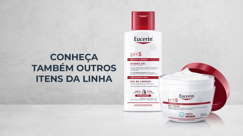 Imagem de dois produtos Eucerin pH5 em um fundo neutro e claro.