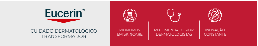 Logo da Eucerin sobre fundo vermelho, reforçando o conceito de cuidado dermatológico da marca.