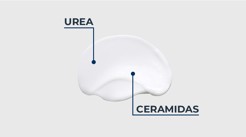 Textura do produto em close com setas apontando para os dois principais ativos.