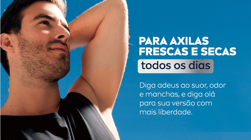À esquerda, um homem jovem de pele clara, barba curta e cabelo escuro olhando para o horizonte com o braço levantado, exibindo a axila. Ele veste uma regata preta e está em frente a um céu azul ensolarado. À direita, entre o texto, há um botão cinza degradê simulando textura de metal onde “todos os dias” está destacado.