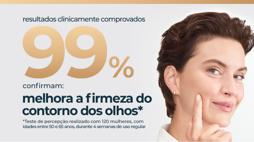 Banner publicitário em fundo claro com destaque numérico em dourado indicando resultado de pesquisa de consumidores. À direita, aparece o rosto de uma mulher madura de cabelos curtos, pele saudável e expressão sorridente.