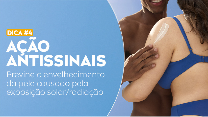 Imagem com metade do fundo azul. Ao lado direito, uma imagem de um homem e uma mulher se abraçando. No ombro dela, está aplicado protetor solar.