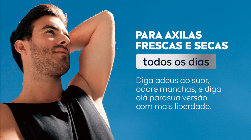 À esquerda, um homem jovem de pele clara, barba curta e cabelo escuro olhando para o horizonte com o braço levantado, exibindo a axila. Ele veste uma regata preta e está em frente a um céu azul ensolarado. À direita, entre o texto, há um botão cinza degradê simulando textura de metal onde “todos os dias” está destacado.